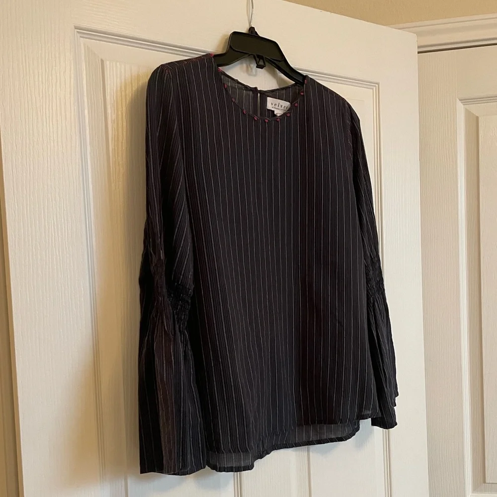 VELVET BY GRAHAM & SPENCER Navy and Red Striped Blouse with Bell Sleeves